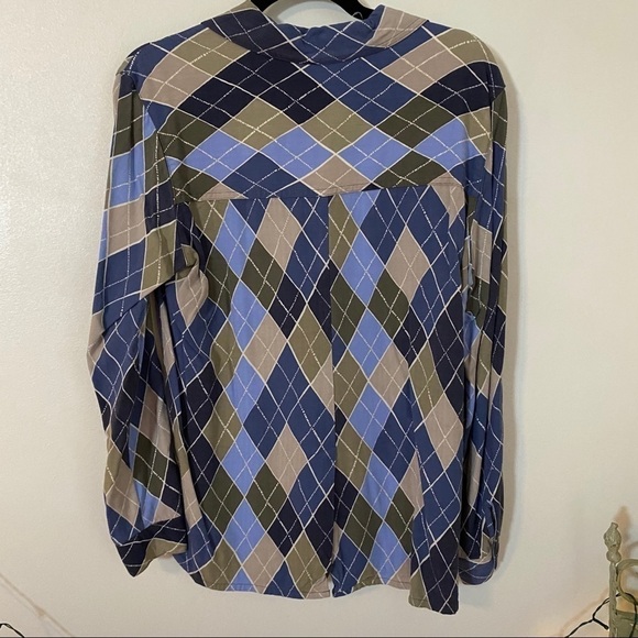 Blue Argyle Blouse Button Up Collared Top - Picture 9 of 9